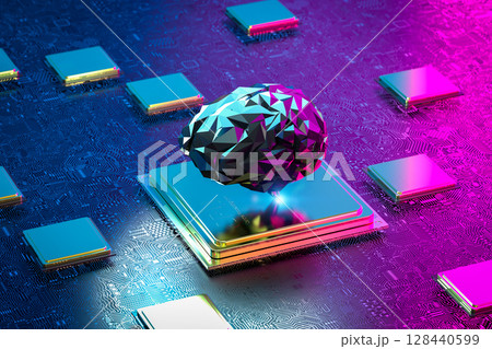 Artificial intelligence brain on cpu chipset with circuit background Artificial intelligence brain on cpu chipset with circuit background 128440599