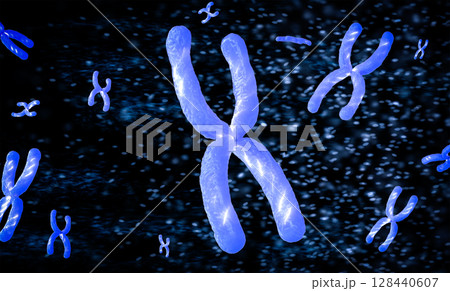 3d rendering purple chromosome x through microscope 128440607