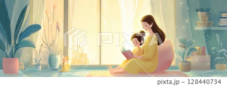 In a softly lit pastel room, a mother engages her child by reading a book, surrounded by plants and a calming atmosphere that fosters connection. 128440734