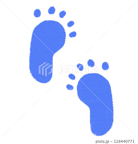 かわいい　手描き　足跡　足形　セット　青　シルエット　スタンプ　素材　アイコン　クレヨン風 128440771