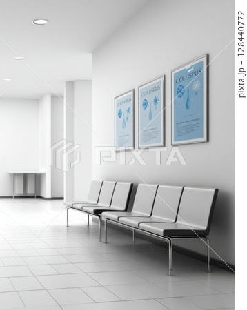 A hospital waiting room featuring several posters that inform about cold symptoms. The space is minimal with a few chairs arranged neatly along the wall. 128440772