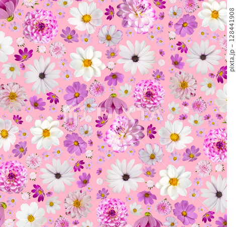 Colorful summer autumn background of flowers pink and white cosmos, dahlias, osteospermum and orange marigolds. Floral Greeting card. Happy Mother's Day greeting card, happy Easter, happy birthday 128441908