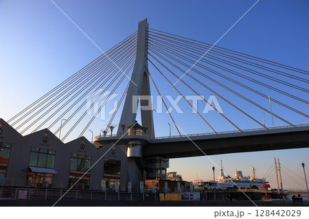 The Love Bridge, Aomori Bay Bridge, of Aomori City in Northern Japan 128442029