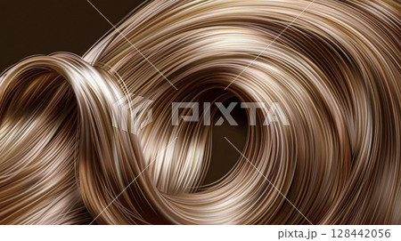 Long, luxurious golden blonde hair with soft waves and curls, showcasing incredible shine and healthy texture against a rich, dark background. 128442056