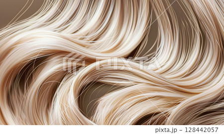 Perfectly styled blonde hair with shimmering waves and rich highlights, showcasing healthy, vibrant texture suitable for beauty and haircare visuals. 128442057