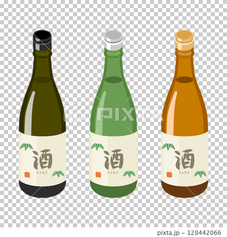 Set of Japanese sake bottles (black, green and brown) (flat isometric illustration) Set of Japanese sake bottles (black, green and brown) (flat isometric illustration) 128442066
