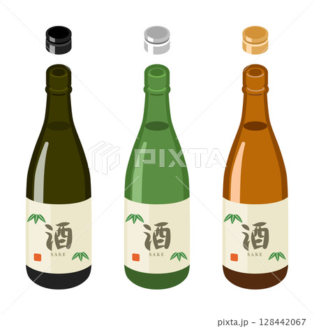 蓋を取った日本酒の瓶（黒・緑・茶色）と蓋のセット（フラットアイソメトリックイラスト） 128442067