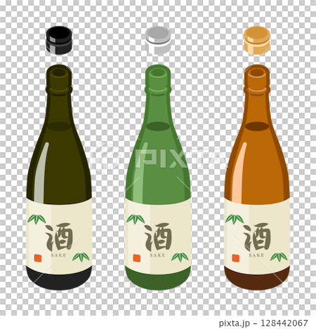 一組未加蓋的清酒瓶（黑色、綠色、棕色）和蓋子（平面等距圖） 128442067