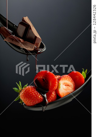 Fresh strawberries and melted dark chocolate. Fresh strawberries and melted dark chocolate. 128442326