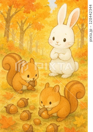どんぐりを集めるリスたちと見守るウサギ 128442344