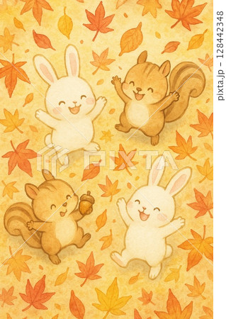 落ち葉の中で大はしゃぎするウサギとリス 128442348