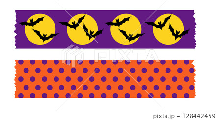 Cute Halloween washi tape collection in purple orange and black colors. Decorative masking tape strips with bats pumpkins and spiders. Vector borders for scrapbooking wrapping and spooky design. 128442459