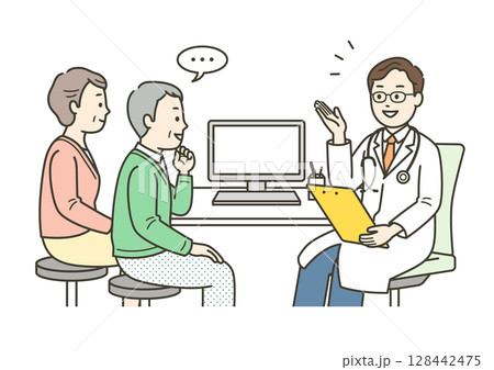 もの忘れ外来で診察を受ける高齢男性と付き添いの妻と医師のイラスト もの忘れ外来で診察を受ける高齢男性と付き添いの妻と医師のイラスト 128442475