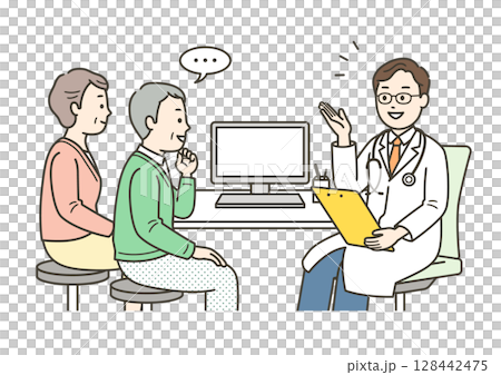 もの忘れ外来で診察を受ける高齢男性と付き添いの妻と医師のイラスト もの忘れ外来で診察を受ける高齢男性と付き添いの妻と医師のイラスト 128442475