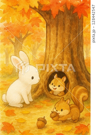 どんぐりを集める森の仲間たち 128442547