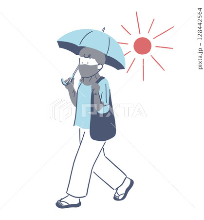 日焼け対策をして歩く女性のイラスト素材 128442564