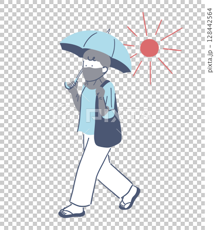 日焼け対策をして歩く女性のイラスト素材 128442564