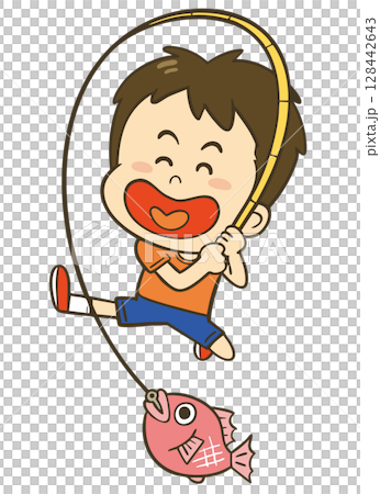一個微笑的男孩微笑著抓魚的插圖 128442643
