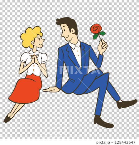 圖解：一名男子和一名女子手拿玫瑰互相注視。 128442647