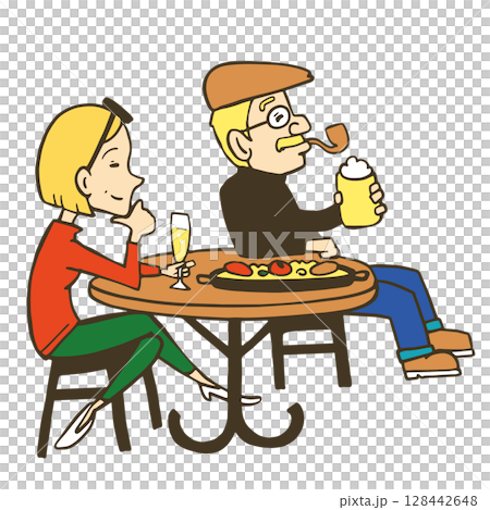 一對老年夫婦在露台用餐時放鬆的插圖 一對老年夫婦在露台用餐時放鬆的插圖 128442648