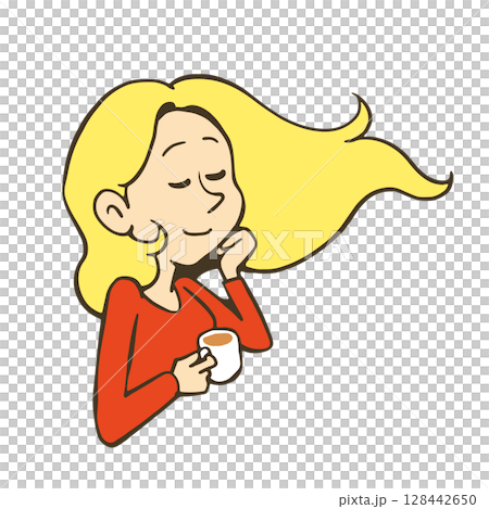 Illustration of a woman relaxing with a cup of coffee in hand and feeling the wind 128442650