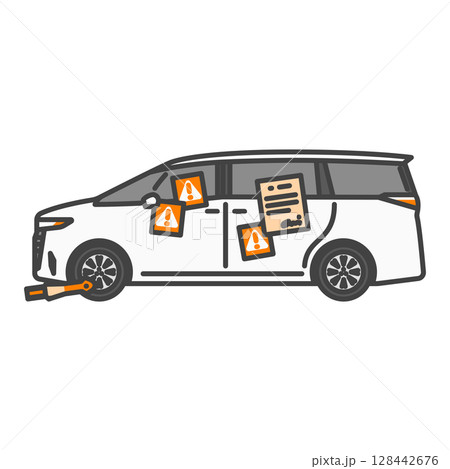 イラスト素材：警告ステッカーが貼られた白い高級ミニバン（駐車違反・駐車禁止・駐禁） 128442676