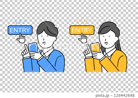 スマホのエントリーボタンを押す若い男性と女性のイラスト 128442698