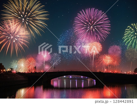 夜空に輝く花火 128442891