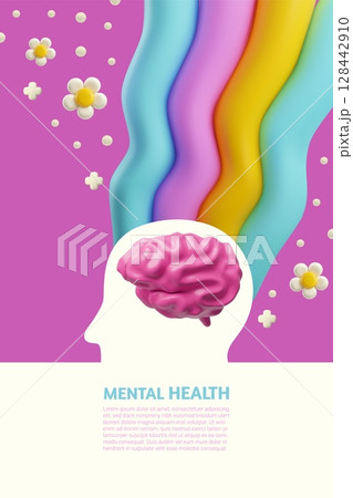 3d brain health vector with human head silhouette, brain, rainbow, daisies, advertising poster. 3d brain health vector with human head silhouette, brain, rainbow, daisies, advertising poster. 128442910