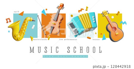 Acoustic guitar, violin, accordion and saxophone, 3D realistic music instruments vector advertising banner design 128442918