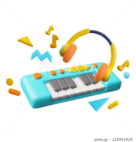 Electric piano and headphones 3D cartoon plastic style vector illustration, volume synthesizer, piano music instrument 128442926