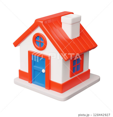 3D vector house icon in red blue colors with a round window, door, pipe, from different sides. Mortgage, real estate theme. Isolated building in cartoon style. Render. Illustration. 128442927