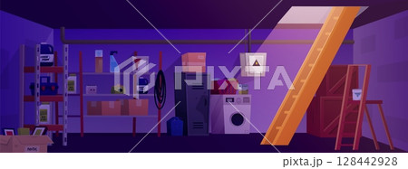 Basement with wooden stairs, shelves, inventory, washing machine, detergents, boxes and crates. Basement with wooden stairs, shelves, inventory, washing machine, detergents, boxes and crates. 128442928