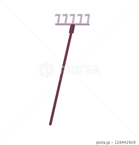 Flat icon of rake with wooden handle. Equipment for soil cultivation. 128442929