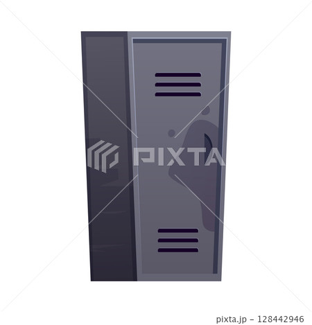 Gray metal cabinet with vents and closed door and handle. 128442946