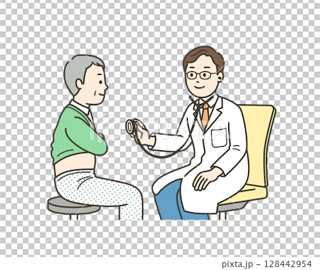 A full-body illustration of an elderly man being examined at a hospital and a doctor using a stethoscope 128442954