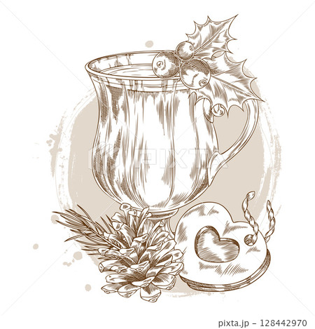 Glass of mulled wine decorated with mistletoe berries with leaves vector engraved sketch, pine cone and branch heart tag Glass of mulled wine decorated with mistletoe berries with leaves vector engraved sketch, pine cone and branch heart tag 128442970