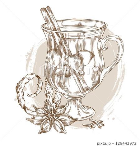 Glass of mulled wine with apples, berries and cinnamon sticks vector ink sketch, hot drink with orange peel and anise 128442972