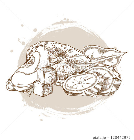 Ginger root slices, cane sugar cube, laurel leaf, apple and orange pieces engraved sketch, vector Mulled wine ingredient 128442973