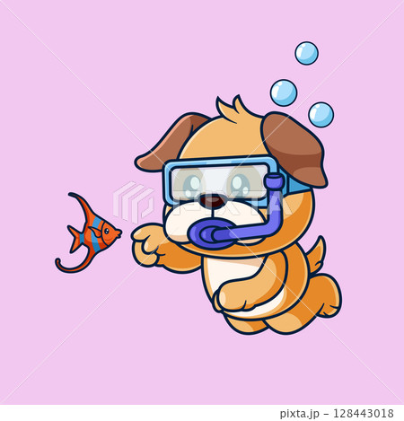 Cute Pug Dog Snorkeling Cartoon of illustration 128443018