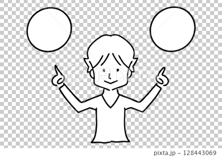 A man pointing at a speech bubble to encourage a choice - Line drawing 128443069