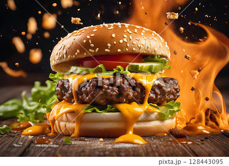 Hamburger on fire black background. 128443095
