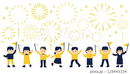 花火と旗で盛り上がる人々のベクターイラスト|お祝い・応援背景 デフォルメ アイキャッチ 花火と旗で盛り上がる人々のベクターイラスト|お祝い・応援背景 デフォルメ アイキャッチ 128443134