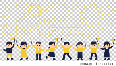 煙火和旗幟讓人興奮的向量插圖 | 慶祝和歡呼的背景變形引人注目 128443134