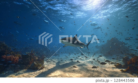 海中で泳ぐサメ 128443506