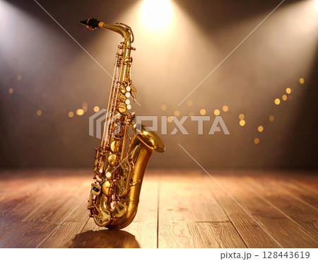 スポットライトを浴びるアルトサックス スポットライトを浴びるアルトサックス 128443619