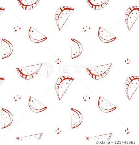 Seamless pattern of doodle watermelon slices with seeds scattered on white background Seamless pattern of doodle watermelon slices with seeds scattered on white background 128443663