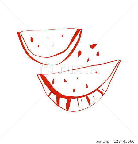 Minimal watermelon slice sketch with seeds in hand drawn doodle style on white background 128443666