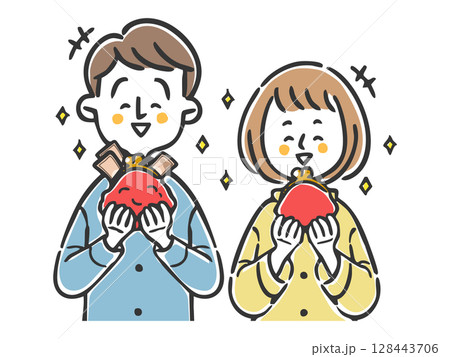お財布を持ち嬉しそうにする夫婦 上半身 ベクター お財布を持ち嬉しそうにする夫婦 上半身 ベクター 128443706