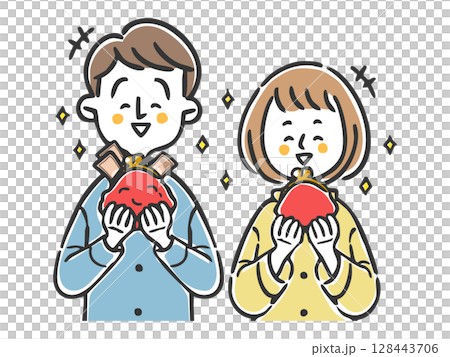 A happy couple holding a wallet, upper body, vector 128443706